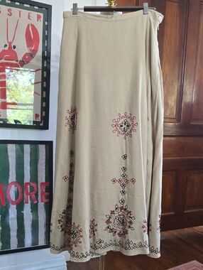 Coldwater Creek Beige Maxi Skirt with Red & Black Embroidery Boho Twirl